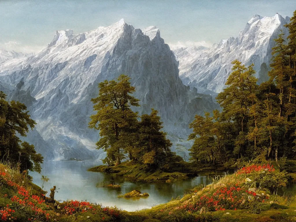 Image similar to a detailed painting of a majestic wilderness in switzerland in spring by caspar david friedrich, high detail, snow capped mountains reflecting on a lake, wildflowers,