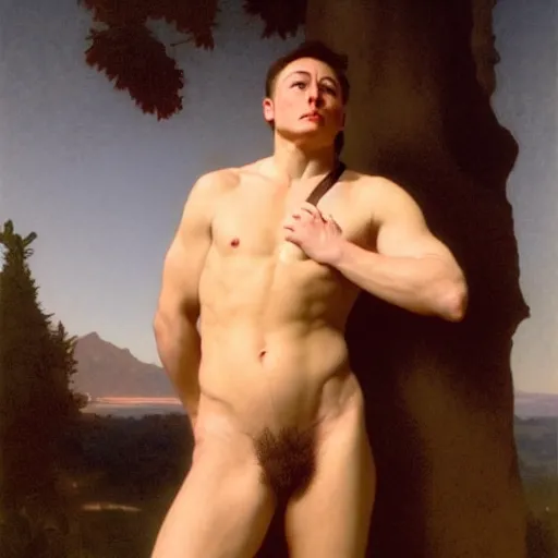 Prompt: Painting of muscular Elon Musk. Art by william adolphe bouguereau. During golden hour. Extremely detailed. Beautiful. 4K. Award winning.