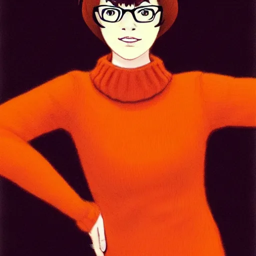 Prompt: Stunning Beautiful Portrait Scene of Velma Dinkley wearing her iconic orange sweater from Scooby Doo in court for falsely accusing someone of being a criminal by Greg Rutkowski. Velma is a teenage female, with chin-length auburn hair and freckles. She is somewhat obscured by her fashion choices, wearing a baggy, thick turtlenecked orange sweater, with a red skirt, knee length orange socks and black Mary Jane shoes. Soft render, Pixiv, artstation