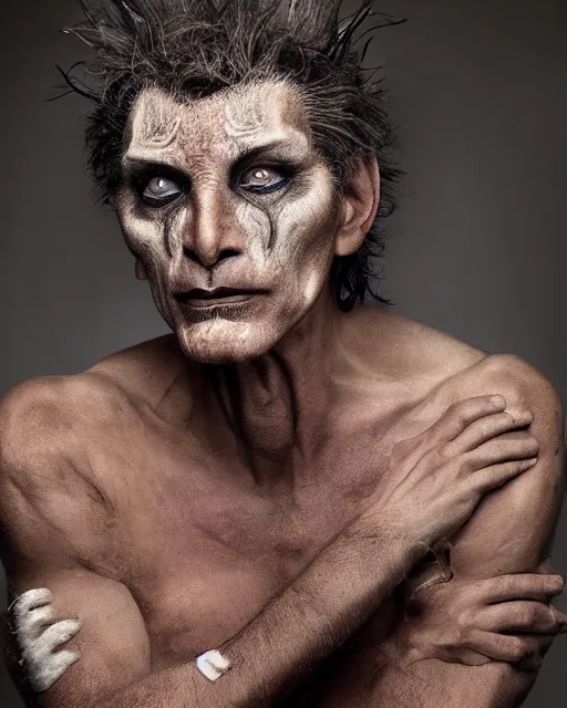 Image similar to Mauricio Macri in Elaborate Pan Satyr Goat Man Makeup and prosthetics designed by Rick Baker, Hyperreal, Head Shots Photographed in the Style of Annie Leibovitz, Studio Lighting