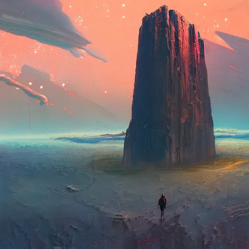 Image similar to a painting of a man standing in front of a giant monolith, poster art john berkey and simon stalenhag and gilbert williams, cgsociety, space art, lovecraftian, cosmic horror, poster art