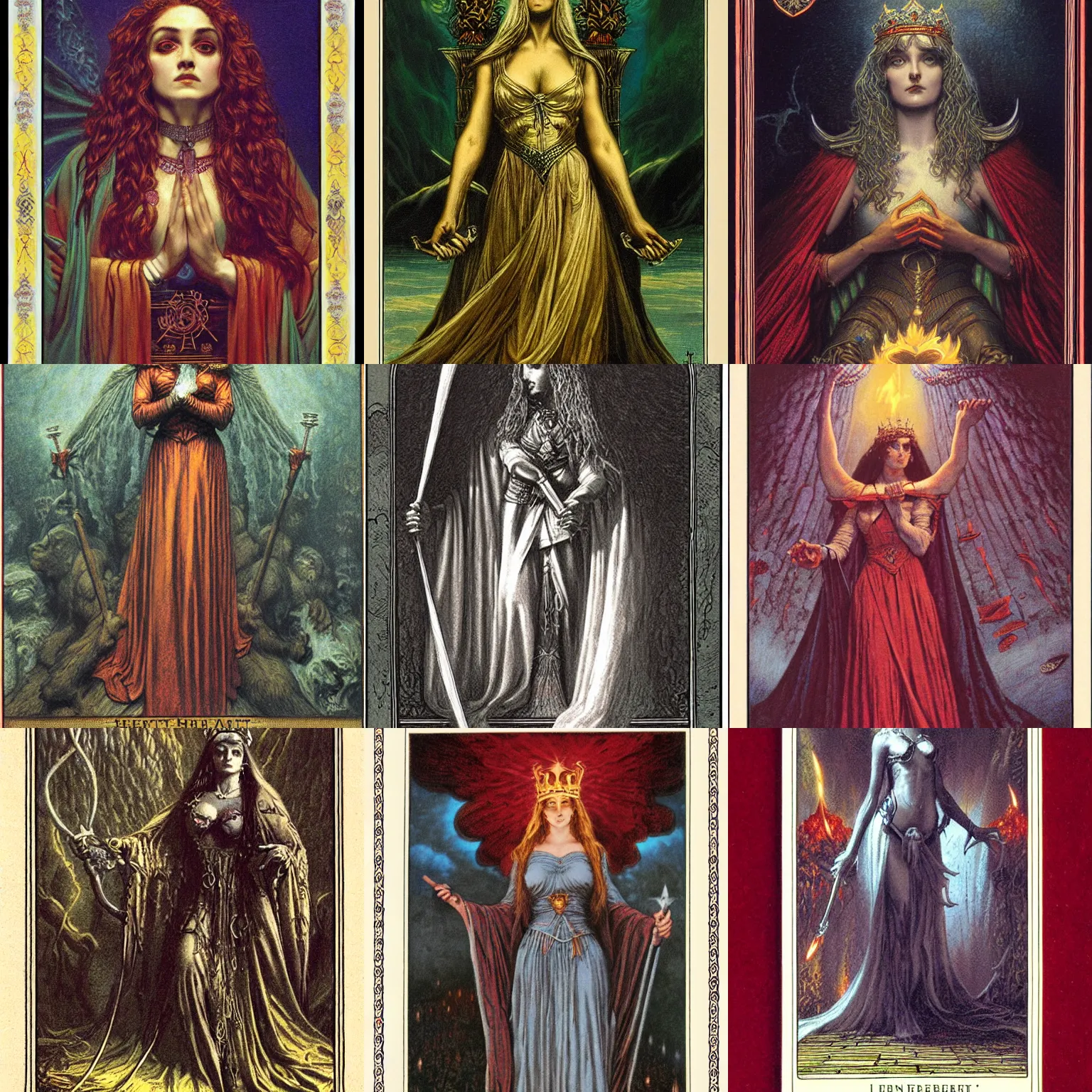 Prompt: Queen of Hearths tarot full card by Ken Kelly, Gustave Dore, Roy Thomas