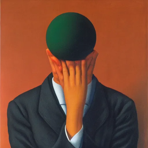 Prompt: rene magritte painting of a person looking at their own hands