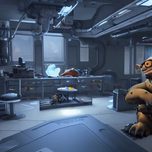 Image similar to winston from overwatch sitting in his lab on the moon, unreal engine 5 4 k