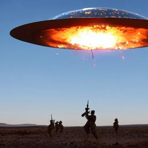 Image similar to army troops surround shiny metallic ufo flying saucer with transparent dome crashed in the desert, smoking and burning in flames