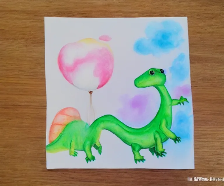 Image similar to a cute little dinosaur, water painting, cotton candy, fluffy clouds