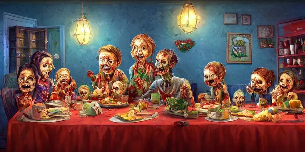 Image similar to a zombie family christmas diner, vivid colors, wide angle, super highly detailed, professional digital painting, artstation, concept art, smooth, sharp focus, no blur, no dof, extreme illustration, unreal engine 5, photorealism, hd quality, 8 k resolution, cinema 4 d, 3 d, beautiful, cinematic, art by tim burton