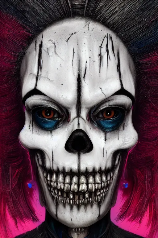 Image similar to portrait of a creepy clown girl skull. intricate abstract. intricate artwork. nightmare fuel. terrifying. by Tooth Wu, wlop, beeple, dan mumford. octane render, trending on artstation, greg rutkowski very coherent symmetrical artwork. cinematic, hyper realism, high detail, octane render, 8k, iridescent accents, black and white