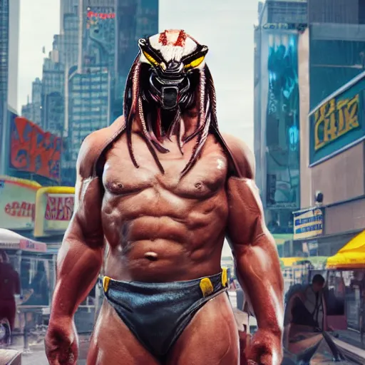 Image similar to The Predator dressed as a short order cook from a diner service ice cream cones from a cart in Time Square to a long line of children, cinematic lightning, medium shot, mid-shot, highly detailed, trending on artstation, Unreal Engine 4k, cinematic wallpaper, by Dustin Nguyen, Akihiko Yoshida, Greg Tocchini, Greg Rutkowski, Cliff Chiang, 4k resolution