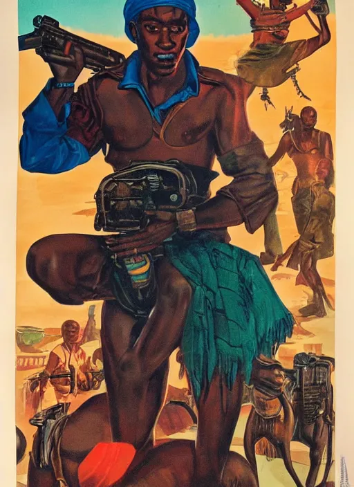 Image similar to pan african propaganda poster. cyberpunk mercenary. portrait by jean giraud and anton otto fischer and john philip falter and will eisner and gil elvgren