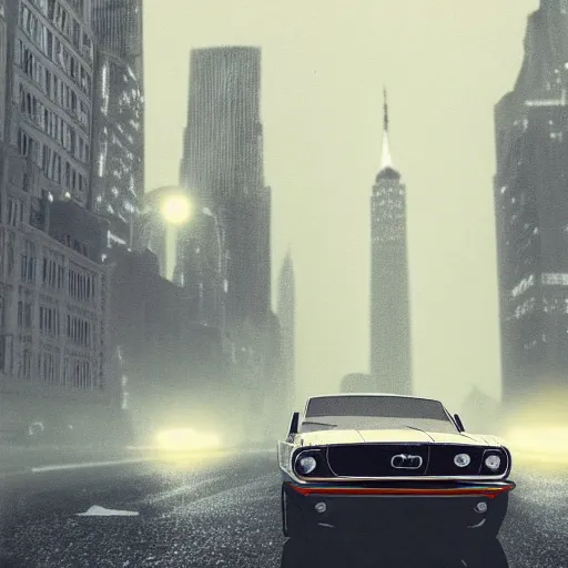 Image similar to 1 9 6 8 ford mustang at night view of new york in heavy mist, highly detailed, artstation, concept art