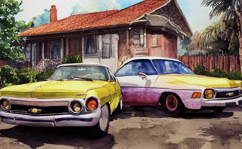 Image similar to a watercolor painting of a chevrolet opala parked near a 1 9 0 0 s house, digital painting, masterpiece, hyperrealistic, concept art, trending on deviantart, highly detailed, high quality, 4 k, symmetrical, low contrast, watercolor, warm, soft lighting, path traced, godrays