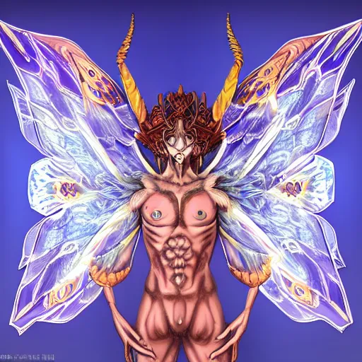 Image similar to 4K headshot of godlike moth with defined arms and open hands and bloody clothes with giant mandala wings , intricate face , flawless anime cel animation by Kentaro Miura, psychedelic , highly detailed upper body , professionally post-processed , beautiful, scary, symmetry accurate features, epic, octane rendered, anime masterpiece, accurate