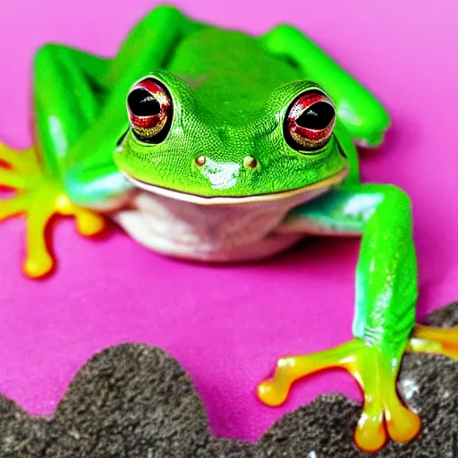 Prompt: super cute smiling green tree frog dressed in a pink skirt, professional light, photo realistic,