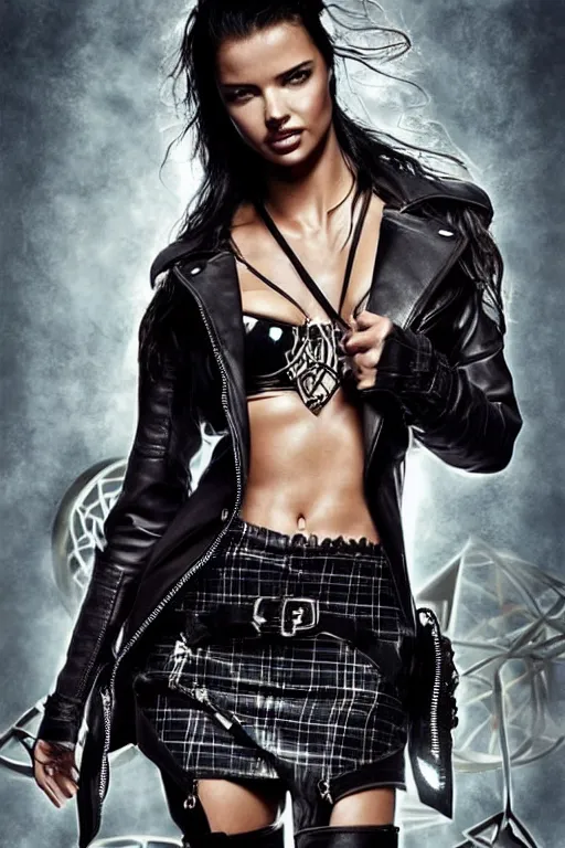 Image similar to Adriana Lima in leather biker jacket and tartan mini skirt, levitating in the middle of a magic circle made of magical glowing runes and elfish symbols, , high fantasy illustration, D&D style, sharp focus, by Artgerm, Alina Ivanchenko and Hirothropologie and Patrick DeMarchelier, Greg Rutkowski and Rob Ross.