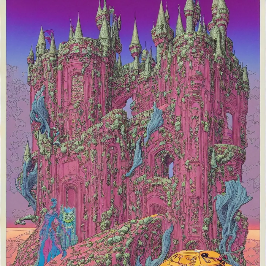 Image similar to ( ( ( ( entrance of the huge castle, with decorative frame design ) ) ) ) by mœbius!!!!!!!!!!!!!!!!!!!!!!!!!!!, overdetailed art, colorful, artistic record jacket design