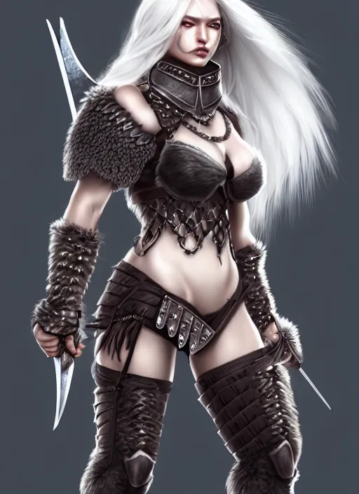 Image similar to barbarian, fur leather armor!!! beautiful and elegant white hair female!! gorgeous ayes!! character concept art, sharp focus, octane render! unreal engine 5! highly rendered!! trending on artstation!! detailed linework!! illustration by artgerm, wlop, and chie yoshii