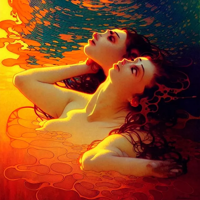 Prompt: mind bending indigo ocean waves of glossy psychedelic liquid honey flowing like kaleidoscopic translucent amber, lsd waves, honey ripples, dramatic sunset, refracted lighting, art by collier, albert aublet, krenz cushart, artem demura, alphonse mucha