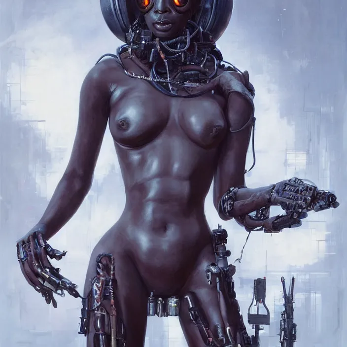 Prompt: african domme mistress, full body, tribal cyberpunk, rubber and latex, postapocalyptic, smooth white surroundings, smooth, high tech, concept art, realistic painting, digital art by greg rutkowski, by alex grey