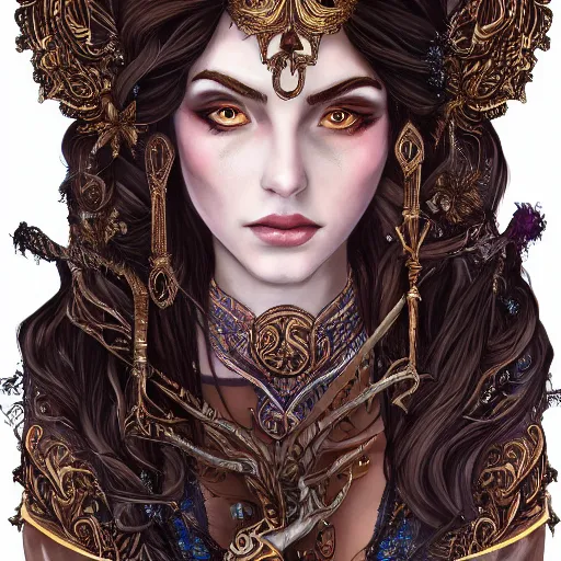 Image similar to A beautiful detailed portrait of a tempting young beautiful female fantasy sorceress with fair skin and long dark brown hair dressed in ornate magical clothing by Kirbi Fagan, trending on artstation