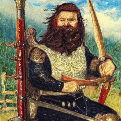 Prompt: viking king, with black beard and short black hair, sitting on his wooden throne with his axe leaning on the side of the throne, looking forward, in a chill position, high detail, impressionism style art