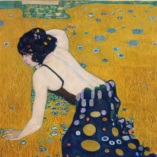 Image similar to Tifa at the beach, fullbody in the style of Gustav klimt!!!!!!!!!!