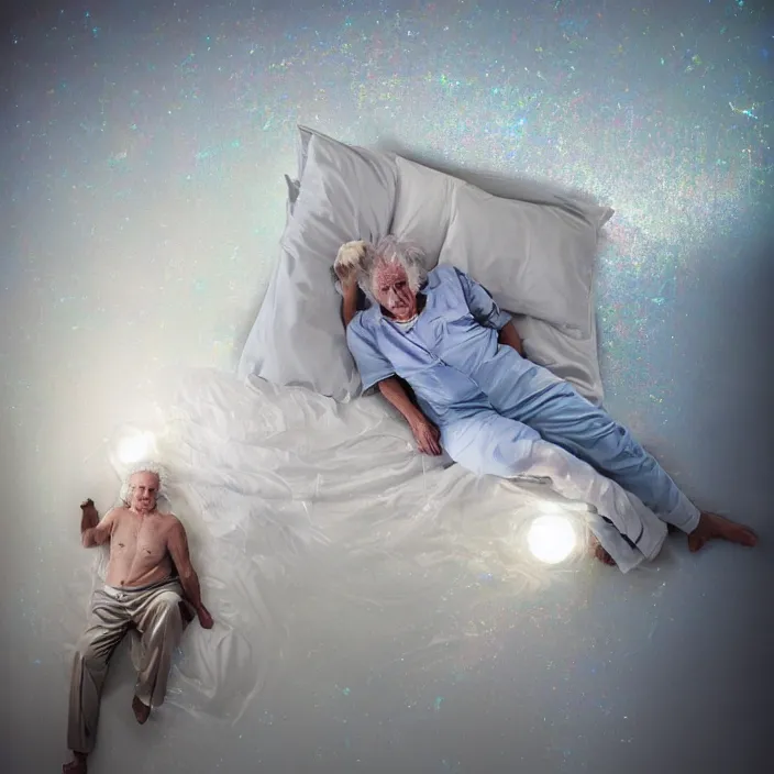 Prompt: a 7 0 year old white haired man lays on a bed, a transparent iridescent figure levitates above him, by michal karcz, canon eos c 3 0 0, ƒ 1. 8, 3 5 mm, 8 k, medium - format print