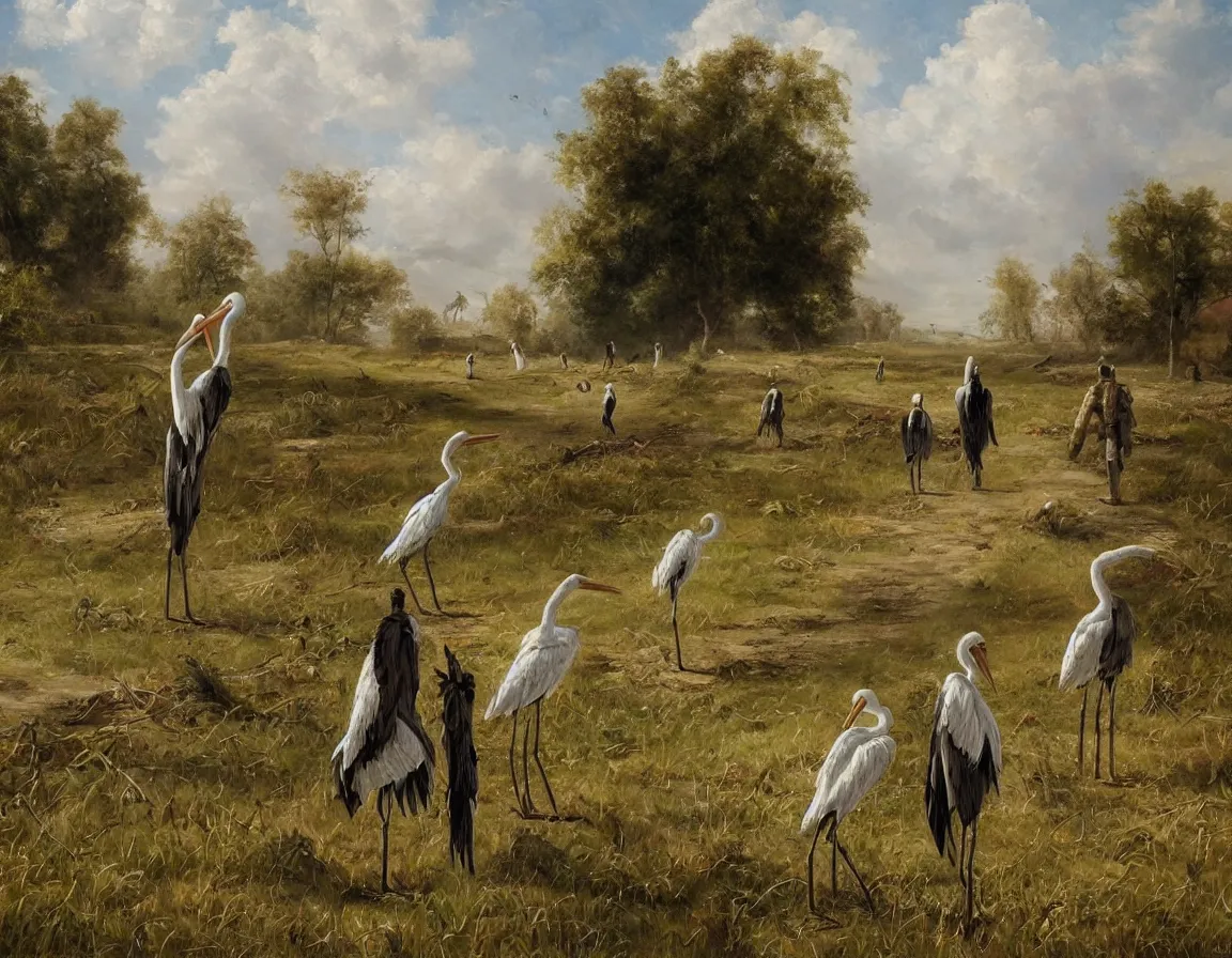 Image similar to the beautiful oil painting of the pair of storks walking by the field and looking to the destroyed weapons and war tanks, trending on artstation, digital art, highly detailed, canvas oil painting