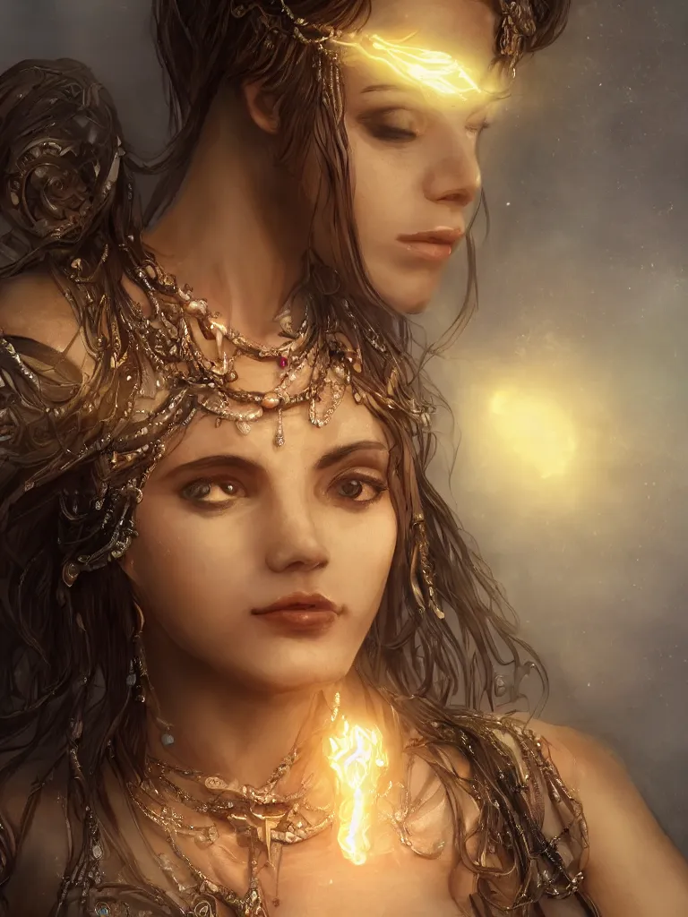 Image similar to close up portrait of a beautiful female goddess with glowing necklace, stone courtyard background fantasy atmosphere, decolletage, confident pose, coherent, insane detail, concept art, character concept, cinematic lighting, global illumination radiating a glowing aura