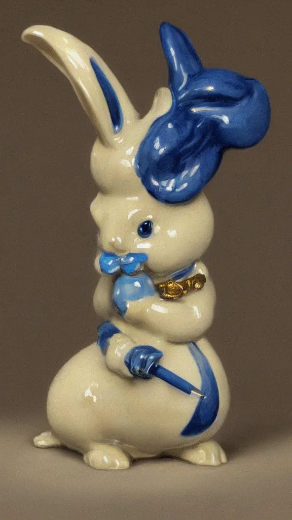 Image similar to a porcelain blue rabbit with a golden details have a japanese pipe painted by john singer sargent