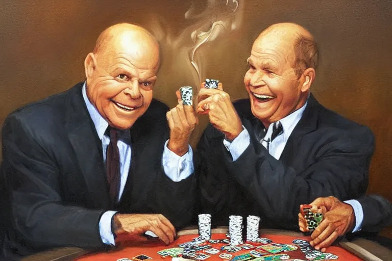 Prompt: don rickles and johnny carson are laughing and playing poker in a smoky old pub, oil painting by wilson mclean, sharp focus, masterpiece, highly detailed