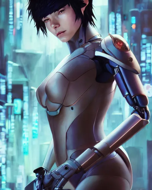 Image similar to weta disney movie still portrait photo of julianfox as the major ghost in the shell as cyborg woman by pixar, by weta, wlop, ilya kuvshinov, rossdraws, artgerm, maxim cover, latex, sweaty, iridescent, bright morning, anime, liosh, mucha