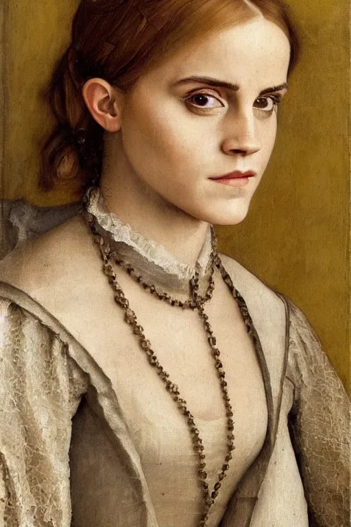 Image similar to portrait of emma watson, oil painting by jan van eyck, by hans holbein, northern renaissance art, old masters, alla prima, realistic, expressive emotions, intricate textures, illusionistic detail