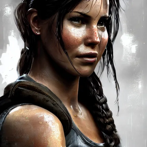 Image similar to Lara croft as blacksmith, wet face , dirty face ,heavy rain ,dramatic, intricate, highly detailed, concept art, smooth, sharp focus, illustration, Unreal Engine 5, 8K