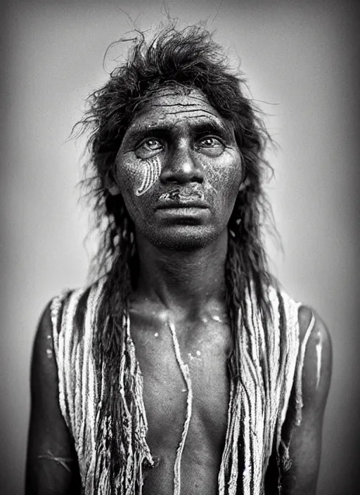 Image similar to Award winning Editorial photo of a Native Nauruans with incredible hair and beautiful hyper-detailed eyes wearing traditional garb by Lee Jeffries, 85mm ND 5, perfect lighting, gelatin silver process