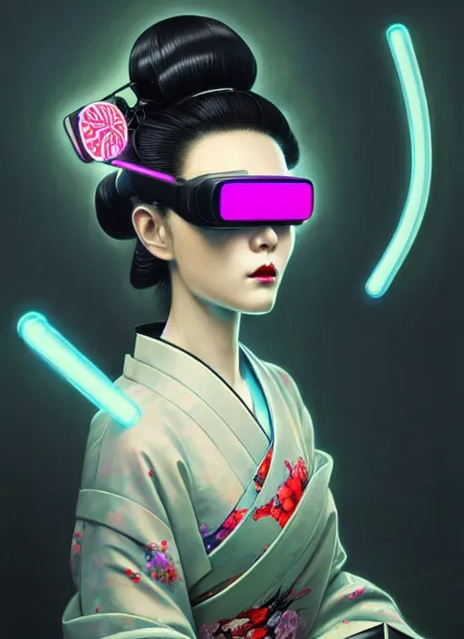 Prompt: wide angle portrait shot of female japanese android wearing a vr eyewear and a very detailed and intricate geisha kimono dress, intricate detail, cyber neon lighting, highly detailed, artstation, glamor pose, concept art, art by peter mohrbacher and boris vallejo and liam wong, pinterest, artstation, digital painting,