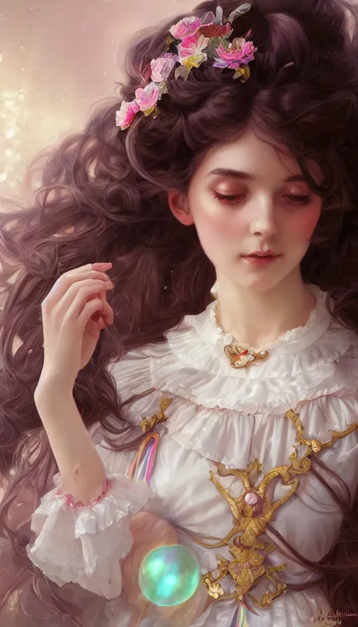 Prompt: portrait of magical lolita girl, dreamy and ethereal, white eyes, peaceful expression, ornate frilly dress, fantasy, intricate, elegant, rainbow bubbles, highly detailed, digital painting, artstation, concept art, smooth, sharp focus, illustration, art by artgerm and greg rutkowski and alphonse mucha