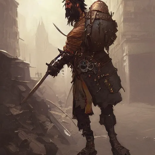 Prompt: steampunk homeless warrior with metal weapons in his body, greg rutkowski