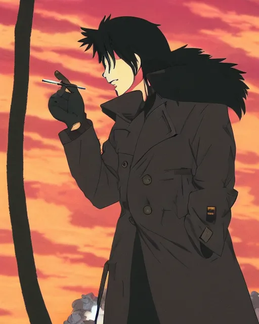 Image similar to a fox in a black trench - coat, smoking a cigarette in front of a huge explosion in the middle of a war, style of anime