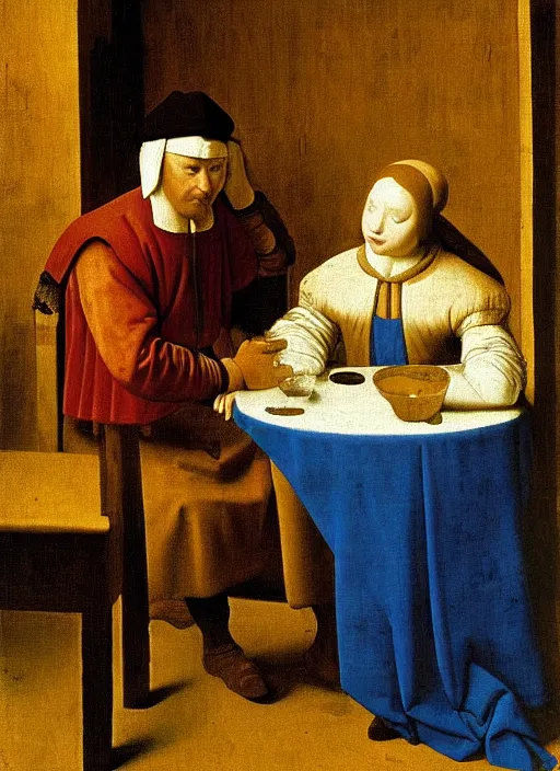 Image similar to young man at the table with young pretty blonde girl at the crowded tavern in the evening. medieval painting by jan van eyck, johannes vermeer