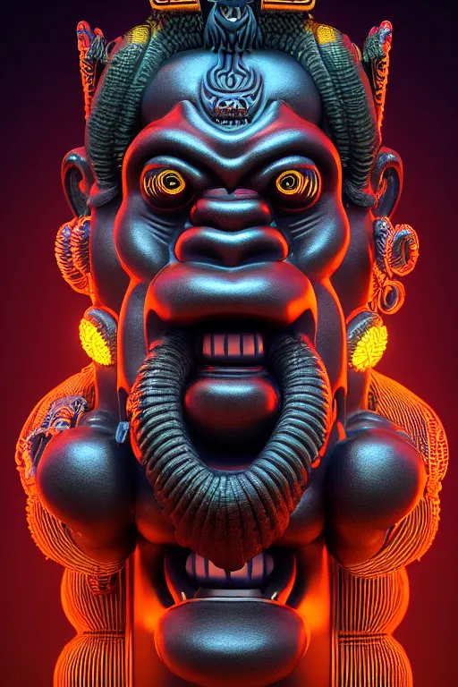 Image similar to high quality 3 d render post - rococo cyberpunk hanuman! head building, neon madhubani, open mouth, highly detailed, in sci - fi mumbai, cinematic smooth unreal engine, lee madgwick & liam wong, dramatic light, low angle, uhd 8 k, sharp focus