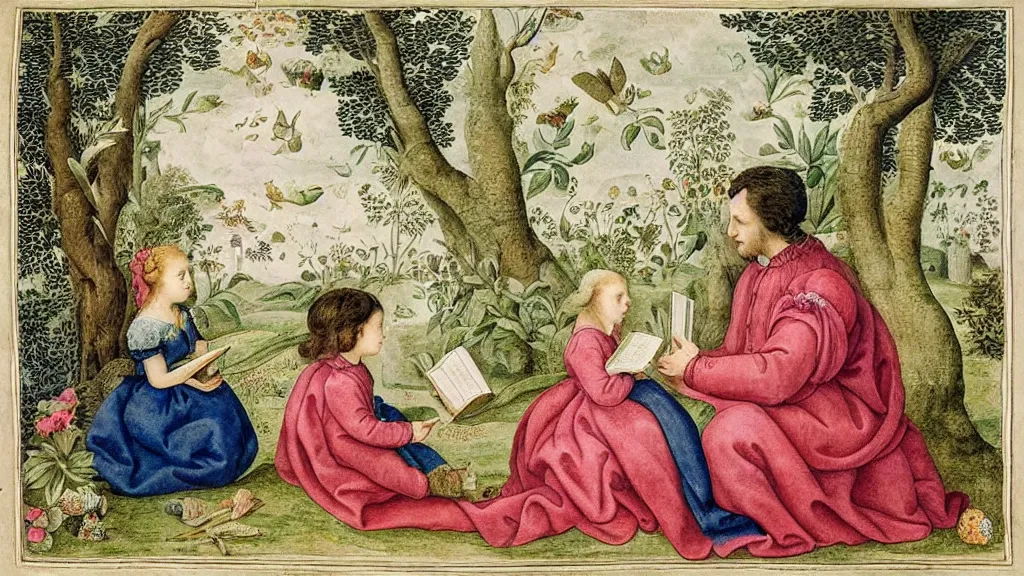 Prompt: a man reading a book to a little girl, by maria sibylla merian, satellite imagery, telephoto, hyperdimensional, screen space reflections