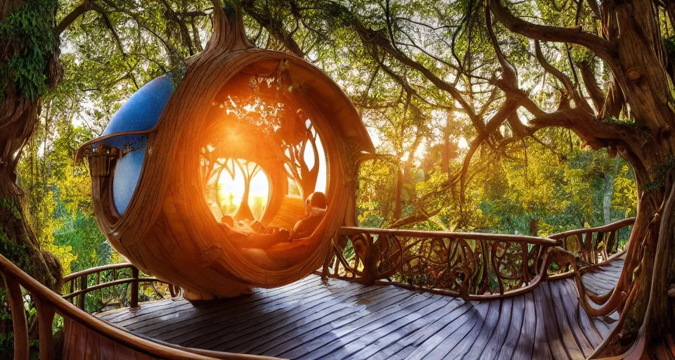 Prompt: A scene from a 2022 fantasy film featuring a cozy art nouveau reading nook inside a fantasy treehouse. A city of treehouses and suspended walkways can be seen outside. Golden Hour. 8K UHD.