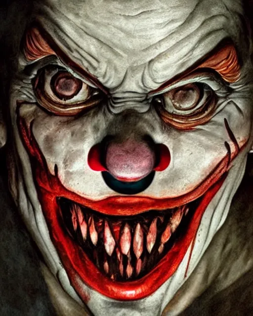 Image similar to scary clown portrait, creepy, hyper realistic, ambient lighting, horror art, intricate, hyper detailed, smooth