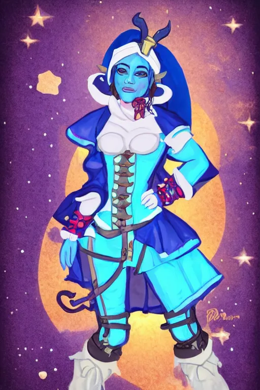 Prompt: Jester Lavorre blue tiefling from Critical Role in a steampunk couture outfit in a starry space sky 🌈