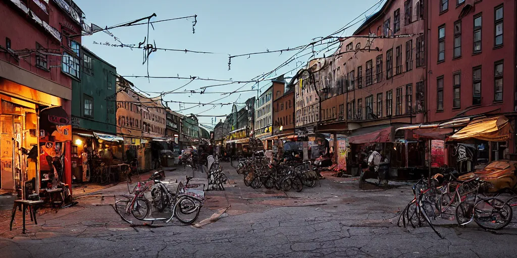 Prompt: Hordes of The walking dead on a Dusk City Street in Stockholm, Sweden, Intersection, Storefront, alleyway, beer advertisement, bicycle in background, chairs, table, city street lights, clumps of cables, abandoned cars, smoke, colored light, colorful umbrella, convenience store, dusk sky, dingy city street, exiting store, getting groceries, hilly road, Swedish writing, looking down street, moped, raining, smoking outside, tan suit, wet road, wet street, white shoes, wires hanging above street, wires in background, very high quality photography, dusk, cinematic.