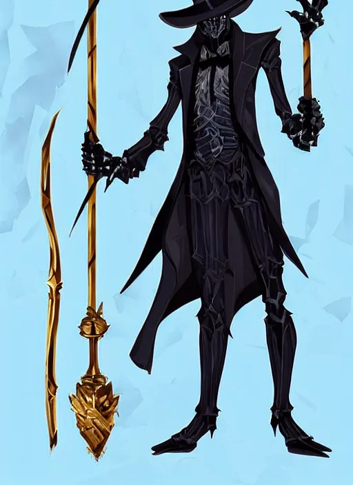 Image similar to DND character concept, skeletal male figure, wearing a deep black suit!!! and tie and top hat, holding a gold! cane!. Surrounded by light blue!!! flames!!