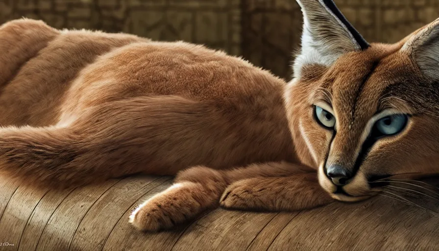 Prompt: longshot photo of cute fluffy caracal lying in wooden barrel lying on one side, ancient greek city, sunny day, by ilya kuvshinov, rtx rendering, octane render 1 2 8 k, maya, extreme high intricate details by tom bagshaw, medium shot, close up shot, composition by sana takeda, lighting by greg rutkowski