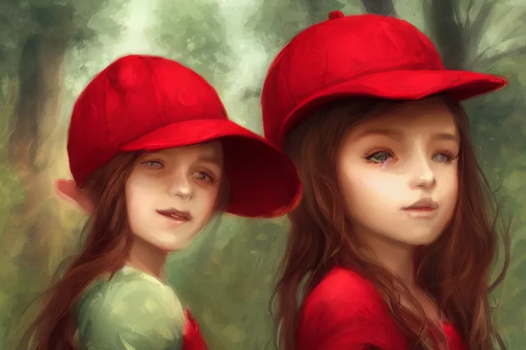 Image similar to a little girl in red hat forest, by charlie bowater