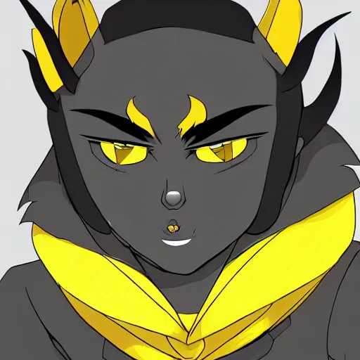 Prompt: karkat vantas, detailed art, gray skin, yellow eyes, yellow horns